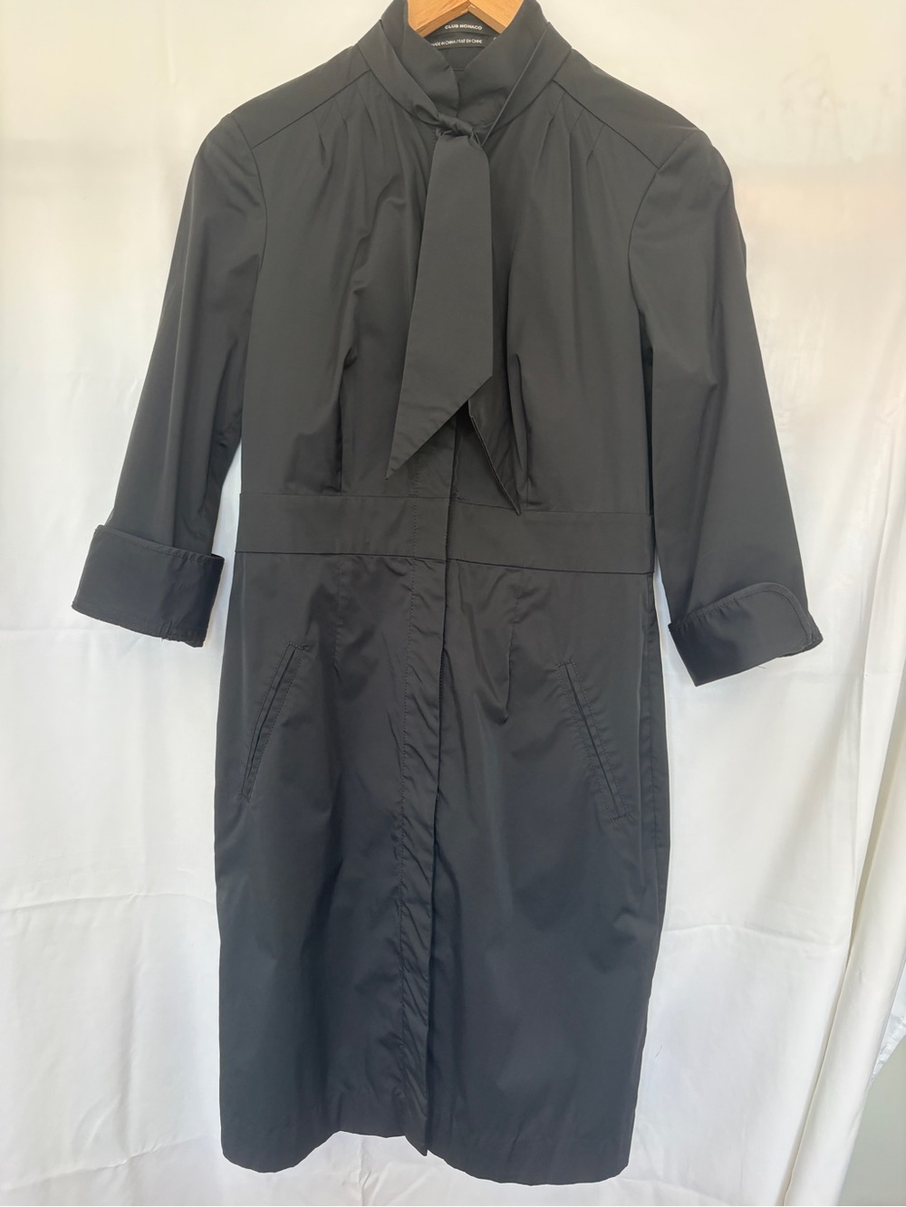 Club Monaco Tie Neck Black Shirt Dress Vintage 2000s Above Knee 3/4 Sleeve Sz 8 - Picture 7 of 9